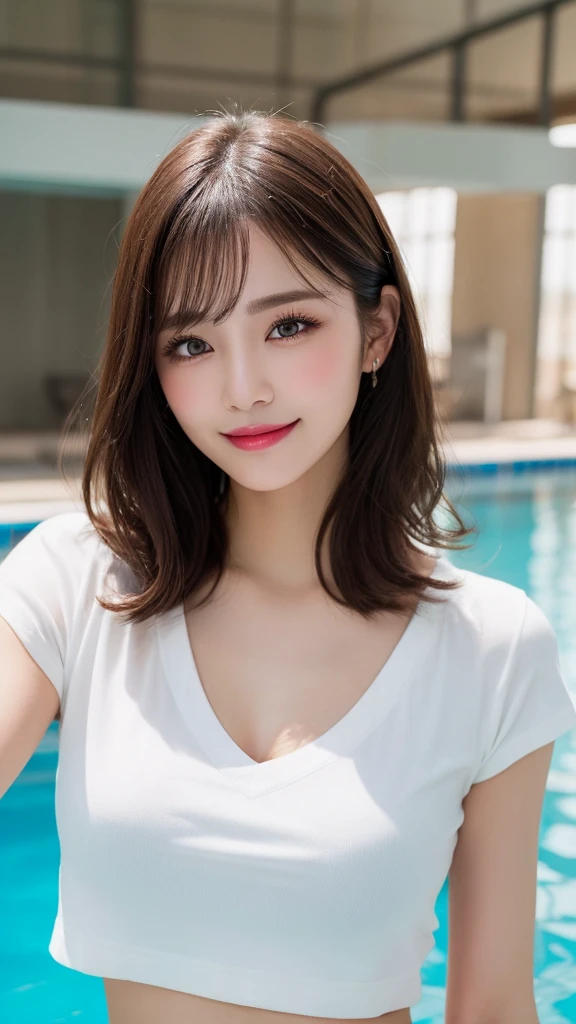 Highest quality, figure, Super detailed, In detail, High resolution, 32k wallpapers, Perfect dynamic composition, Beautiful attention to detail, Random top model white t-shirt with bare midriff,Bob Perm Hair,Center of chest,Big beautiful cat-like eyes, Cute Button Nose, Small and fairly full lips, Thick eyebrows and long, beautiful eyelashes. Transparent throughout makeup, Apply blush to your cheeks,Dark eyeliner,Lip gloss makes it sparkle. Walking Pose,smile,white and clean teeth,Indoor swimming pool background