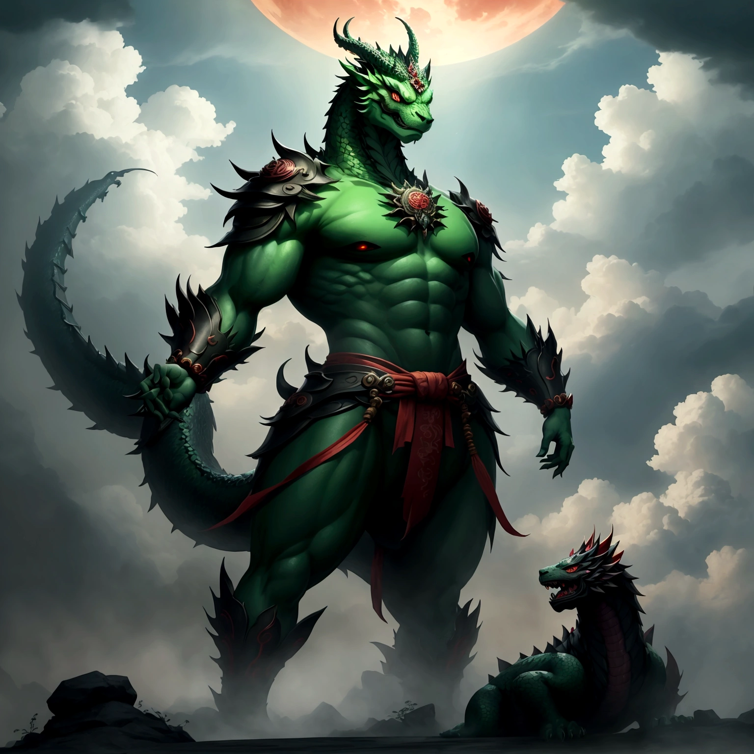 Chinese style,Chinese Mythology,Chinese Green Dragon,cough,ferocious,huge,Eyes glow red,Glow Effect,Shrouded in clouds,Thick clouds,architecture,The scene is,Full body portrait, highly detailed surreal vfx,oc rendering,