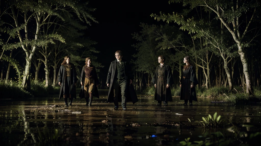 HARRY POTTER IN A SWAMP FOREST at night with witches flying