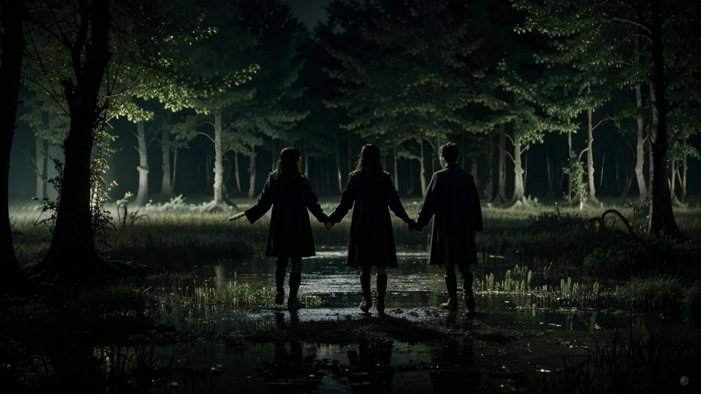 HARRY POTTER IN A SWAMP FOREST at night with witches flying
