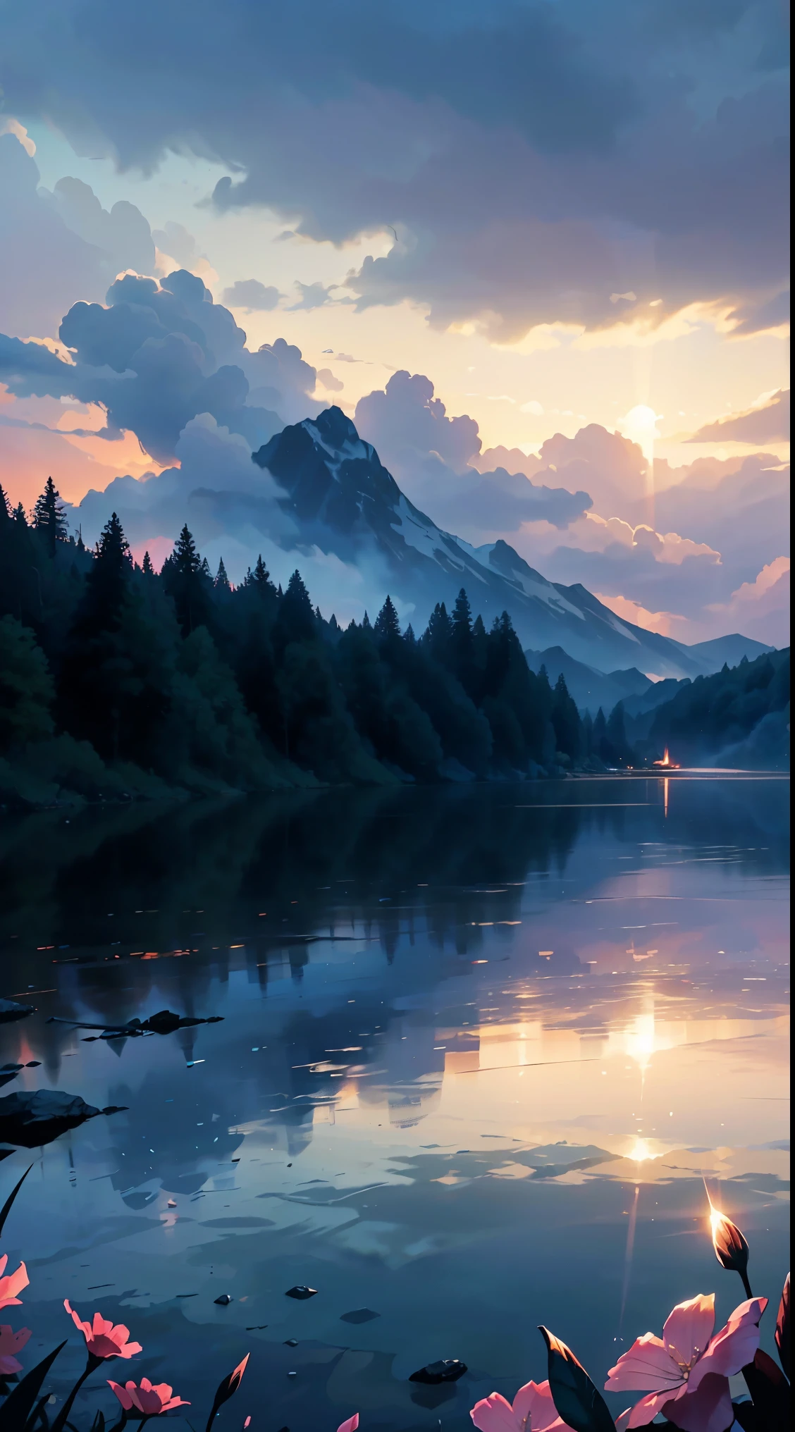 There is a beautiful sunset, the hillside is covered with flowers and plants, the flowers are up close, the colorful sky, the surreal colors, the colorful sunsets, the colorful sky, the marvelous sky reflection, the amazing sky, the fantastic atmosphere 8K, the colorful clouds, the color reflection on the lake, the surreal sky, the red and blue reflection, the fire reflection, the beautiful sky, the beautiful and spectacular dusk, the beautiful dream landscape, the amazing skyHD lighting and dark )<=(epic image quality)dark atmosphere with bright particle light(many effects in background)