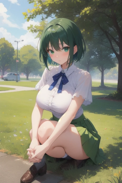 creates a 22-year-old anime girl sitting on the ground with her arms and hands touching her knees wearing a short green skirt and a low-cut white blouse with wide hips and large breasts in a park landscape