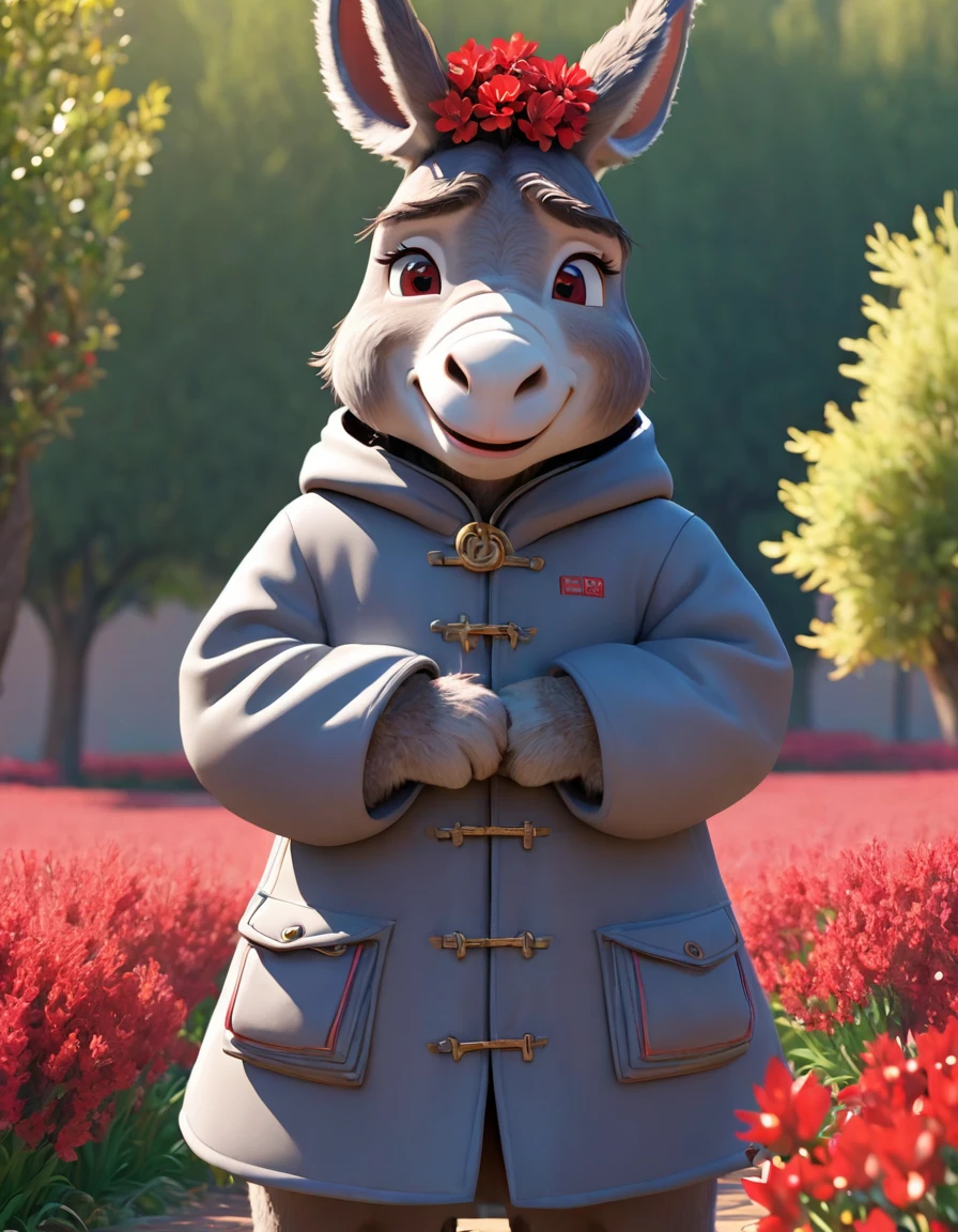 3d，C4D，Disney Animation Art，personification，Donkey man，Donkey-headed people，Wearing a thick cotton coat with Northeastern red flowers，Cross your arms，Head tilted stubbornly to one side，warmth，Cute and adorable，cartoon，OC Renderer，8K，high quality，masterpiece