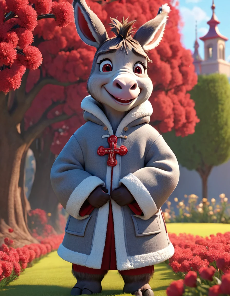 3d，C4D，Disney Animation Art，personification，Donkey man，Donkey-headed people，Wearing a thick cotton coat with Northeastern red flowers，Cross your arms，Head tilted stubbornly to one side，warmth，Cute and adorable，cartoon，OC Renderer，8K，high quality，masterpiece