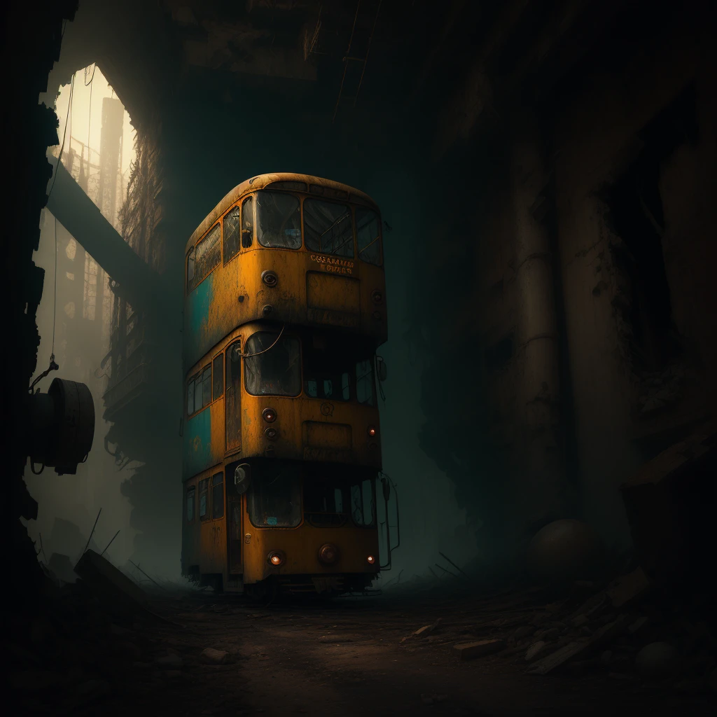 (Best Quality,4K,8K,high resolution, Masterpiece:1.2),ultra detailed, sharp focus,(realist,photorealist,photo-realist:1.37),extremely fine details, intricate details,vivid colors,intense colours,Deep contrast,cinematic depth of field,cinematographic composition,cinematic camera angle(Photography focused on abandoned industrial machinery.), abandoned coal mine landscape, machine placed, ((Trolleybus in ruins, Abandoned heavy equipment, industrial waste)), quiet, Lonely, minimalist, industrial environment, Heavy equipment, spiderweb, dusty, Disturbing silence, crumbling walls, oxide, overgrown vegetation, Remnants of past activities, dark space, broken window, calm colors, mysterious atmosphere