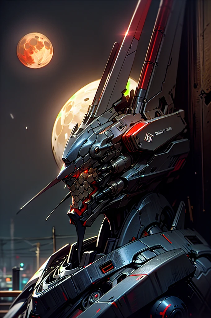 RAW photo, photography, sharp focus, (masterpiece),((ultra-detailed)), (ultra realistic), (highly detailed CG illustration), (huge moon in the background:1.2), (evil mecha:1.2), epic pose, ((black color with red accents)), rain, rainy weather, natural lighting, (close up), (eye level), volumetric light, (guns), looking at viewer, 