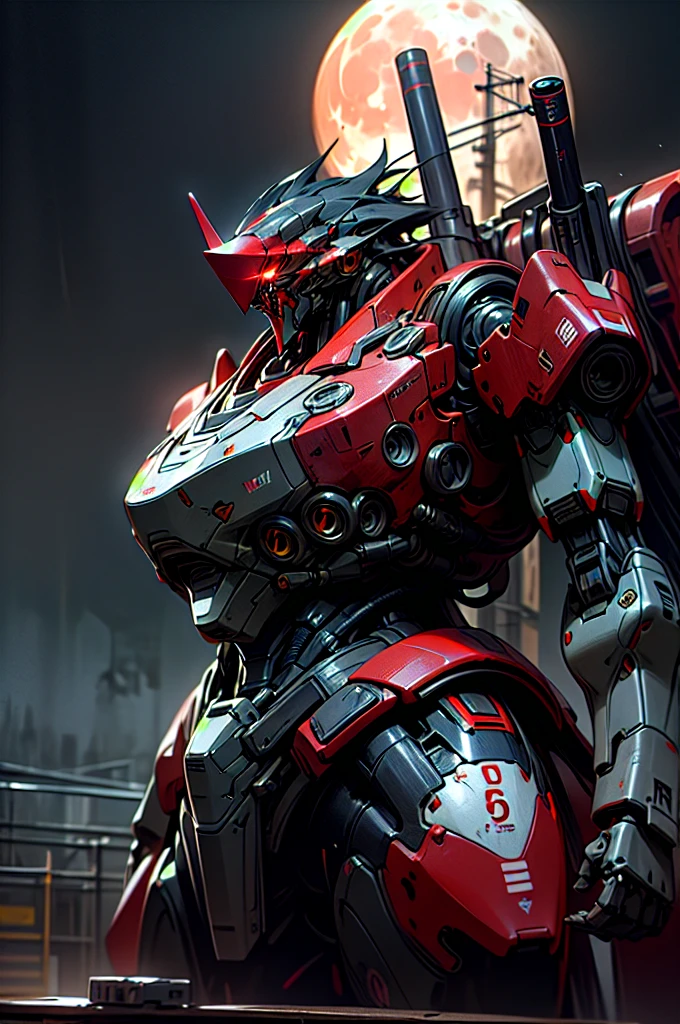RAW photo, photography, sharp focus, (masterpiece),((ultra-detailed)), (ultra realistic), (highly detailed CG illustration), (huge moon in the background:1.2), (evil mecha:1.2), epic pose, ((black color with red accents)), rain, rainy weather, natural lighting, (close up), (eye level), volumetric light, (guns), looking at viewer,