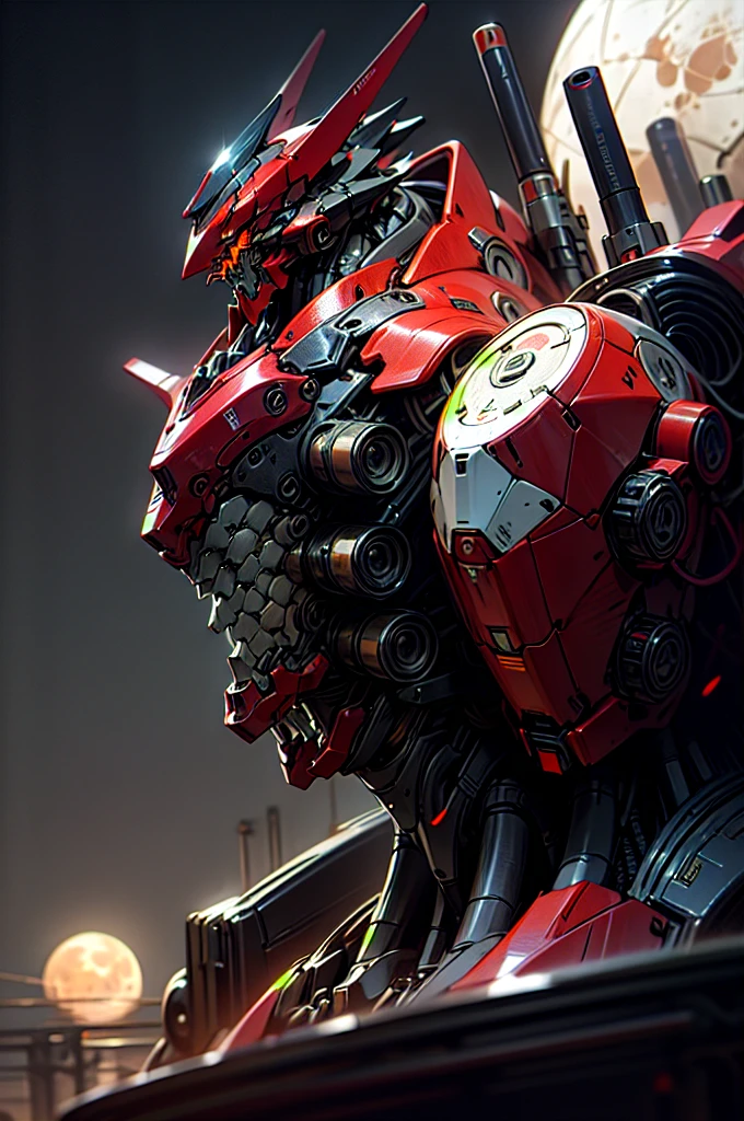RAW photo, photography, sharp focus, (masterpiece),((ultra-detailed)), (ultra realistic), (highly detailed CG illustration), (huge moon in the background:1.2), (evil mecha:1.2), epic pose, ((black color with red accents)), rain, rainy weather, natural lighting, (close up), (eye level), volumetric light, (guns), looking at viewer,