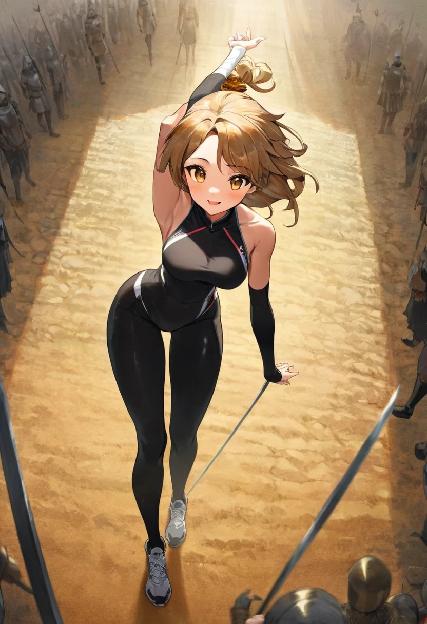 (masterpiece, best quality, ultra detailed, beautiful illustration), atmospheric perspective, depth of field, looking at viewer, beautiful detailed eyes, black skin, African, honey eyes, exquisite face, anime eyes: 1.4, semi wavy hair upwards, 175 cm tall, dynamic pose. dynamic angle, brave expression, 1 girl, young adult woman, athletic and curvy figure, medieval fantasy shield in left hand, long sword in right hand (normal breasts: 1.1), a medieval battlefield. full body image.