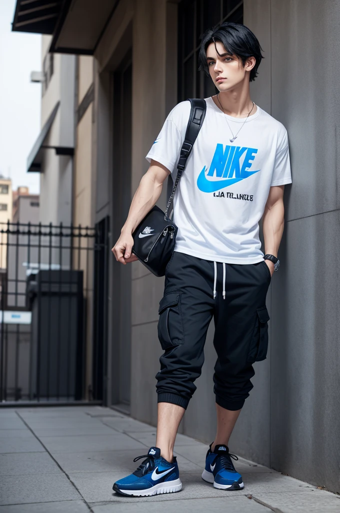 handsome man , white hair , blue eyes , white Nike shirt , black shorts