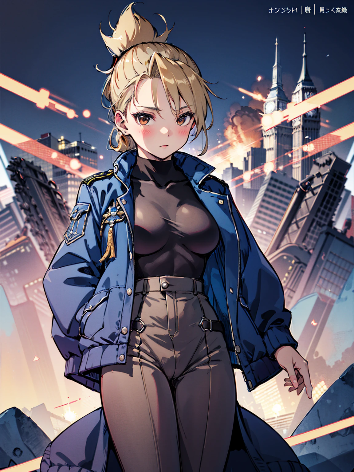 masterpiece, Highest quality, High resolution, One girl, (Blue jacketの下にBlack innerwearシャツ), Folded ponytail, Brown eyes, , uniform, Blue jacket, Blue pants,Invitation , glamorous,  ,Big Breasts, Black innerwear, blush
