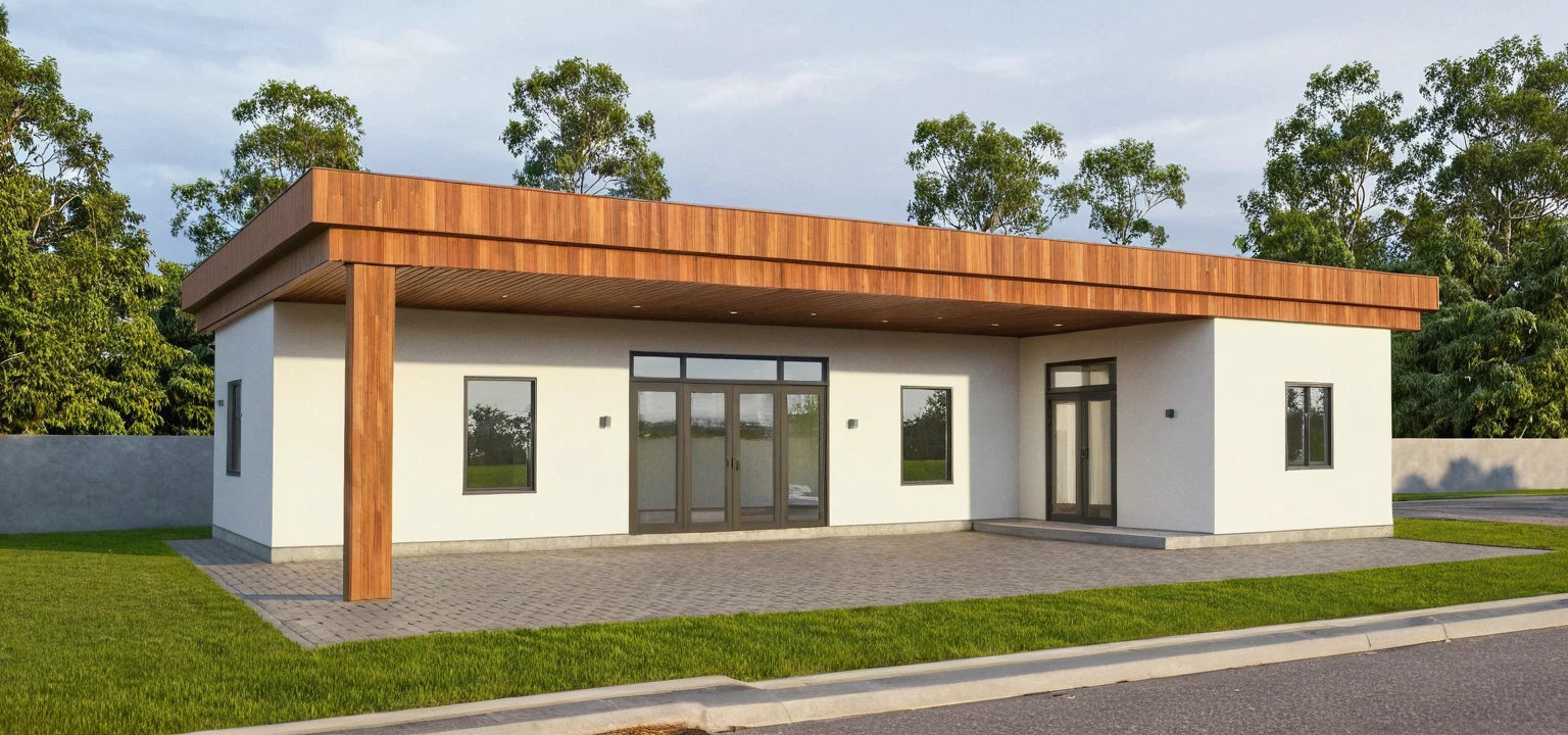 Photo brute,head of&#39;artwork, High quality, best quality, authentique, great detail,
Outside, En plein air, style de maison moderne dans la rue, glass windows, grille, wooden ceiling,
road,pavement, trees, sky, nuvens, (day light:1.1)