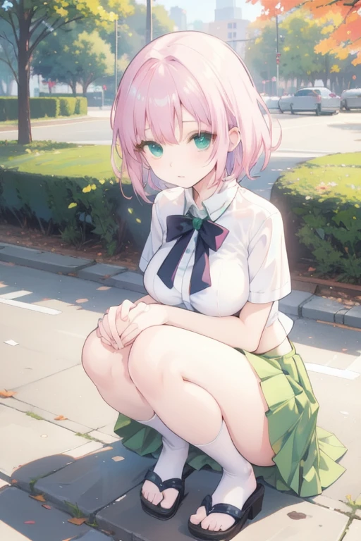 creates a 22-year-old anime girl sitting on the ground with her arms and hands touching her knees wearing a short green skirt and a low-cut white blouse with wide hips and large breasts in a park landscape