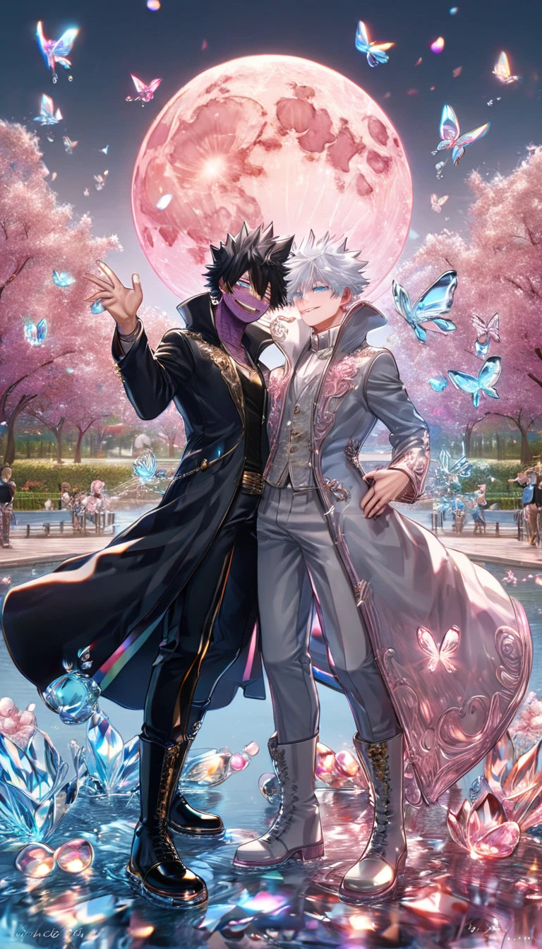 absurdres, highres, ultra detailed, HDR, master piece, best quality, extremely detailed face, delicated features, Dabi, black hair, expressive turquoise eyes, Boku No Hero Academia, Gojou Satoru, white hair, expressive blue eyes, white eyelashes, two sexy men together, gay couple, yaoi, handsome, smiling, blue jacket with fur, black T-shirt, black coat, black pants, white boots, full body, fantasy, magical, pink glass butterflies, pink glass flowers, water, pink glass blossoms, pink glass moon, park, crystal glass style