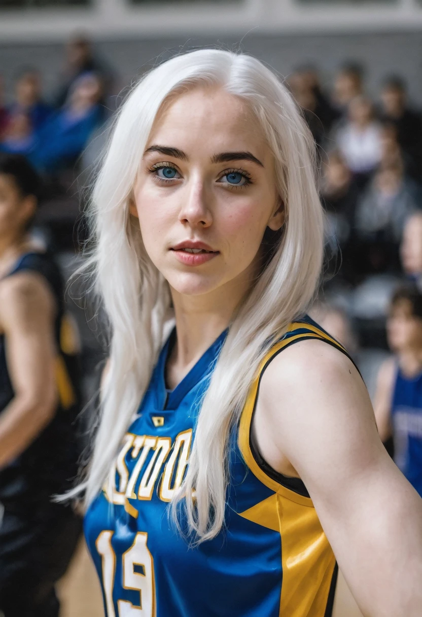 26 year old woman white hair blue eyes and white skin playing basketball