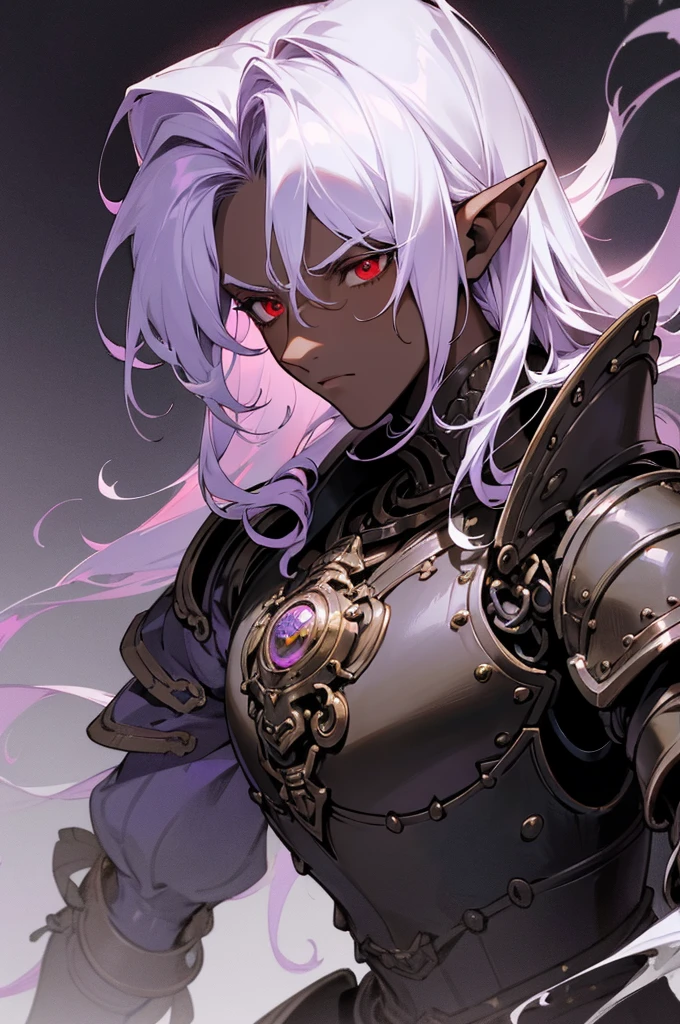 masterpiece, best quality, ultra high res, dark theme, 1boy, (dungeonpunk armor), (mechanical steampunk armor), (wearing armor), fantasy illustration, dark skinned, human, upper body, portrait, red eyes, long white hair, half-drow, pointy ears, serious face, young man, dramatic lighting, purple hue, art by Kinema Citrus