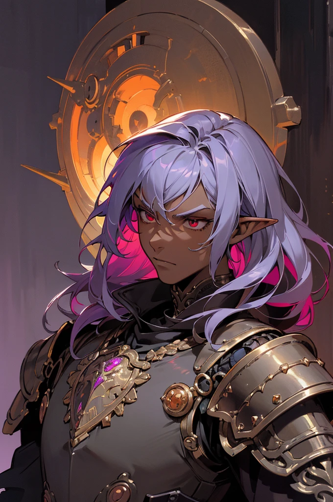 masterpiece, best quality, ultra high res, dark theme, 1boy, (dungeonpunk armor), (mechanical steampunk armor), (wearing armor), fantasy illustration, dark skinned, human, upper body, portrait, red eyes, long white hair, half-drow, pointy ears, serious face, young man, dramatic lighting, purple hue, art by Kinema Citrus