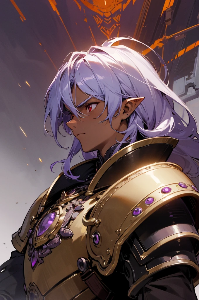 masterpiece, best quality, ultra high res, dark theme, 1boy, (dungeonpunk armor), (mechanical steampunk armor), (wearing armor), fantasy illustration, dark skinned, human, upper body, portrait, red eyes, long white hair, half-drow, pointy ears, serious face, young man, dramatic lighting, purple hue, art by Kinema Citrus