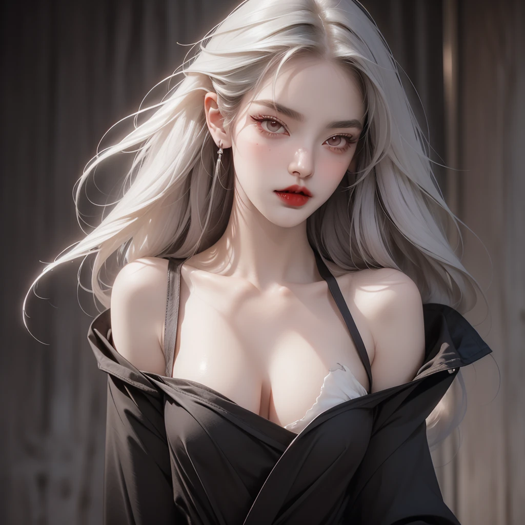 1 vampire girl, better_scar, veins, burn scar, scar on nose, white hair, long choppy hair, blunt bangs,, vampire, pale skin, lipstick, lips, red lips, big breasts,, fangs ((solo half body portrait) high quality ((HD)) beautiful, sexy