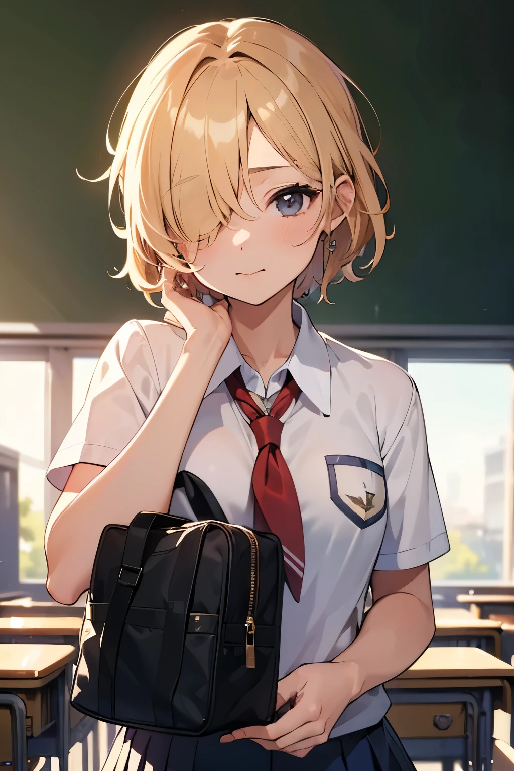 1 Girl, , 超High resolution, retina, masterpiece, Accurate, Anatomically correct, Rough skin, Very detailedな, Advanced Details, high quality, Awards, 最high quality, High resolution, High resolution, 4K,(anime,8K,masterpiece, 最high quality, 最high quality,beautifully、aesthetic:1.2,Professional Illustration:1.1,Very detailedな:1.3,Perfect lighting),Very detailed,Most detailed,High resolution,Cute pose,Embarrassing,(light blonde hair),(hair over one eye:1.8),(short hair),classroom,(school uniform:1.9),tareme,round eyes,put hair in ears, Lunch Box,eating,Peeking from below,Tuck up your shirt