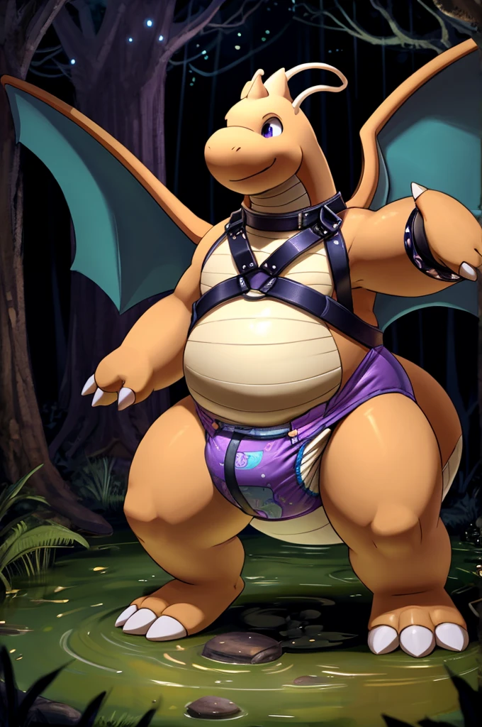 A dark purple obese femboy Dragonite wearing a full body harness and a blue colored diaper with excrement and white socks being soaked and a black collar on his neck and with bracelets on his arms in a magical forest in complete darkness inside a shimmering swamp while sexually dancing in front of the public 