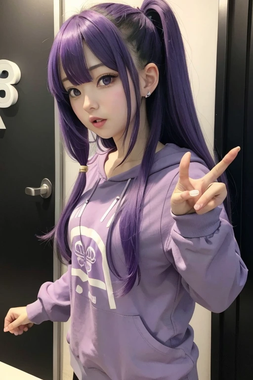  purple haired anime girl being cute and making angry hand gesture