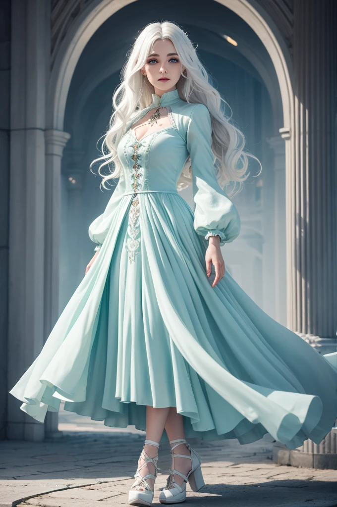 create a white character, with light green eyes , wavy white hair, light blue dress with a romantic drape and long puffed sleeves, wearing a grimoire and cute shoes