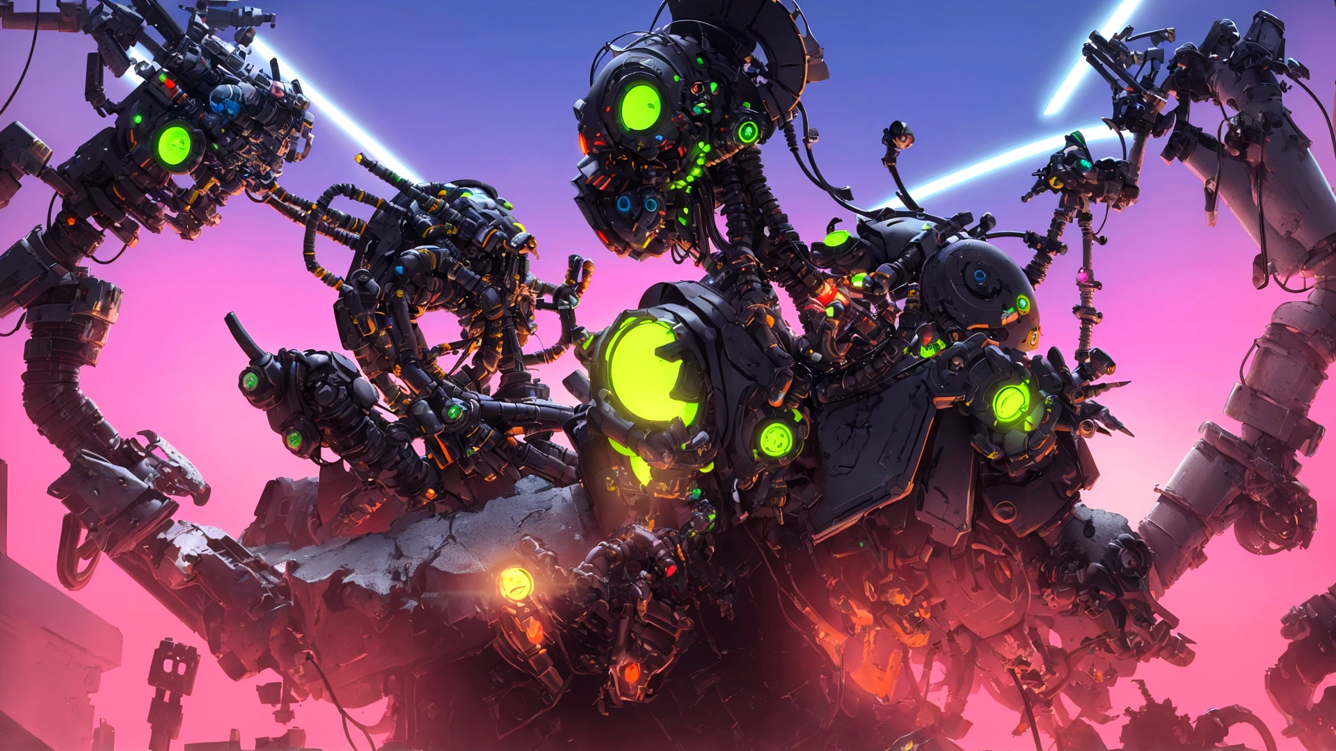 close-up of a robot with many different toys, Colorful sci-fi steampunk, cool composition, Neon punk, colorful bright octane render, Love death and Robots, death and Robots, Fractalpunk, neon scales and cyborg technology, Official work of art, Neon steampunk, Love death + Robots, zombie from eternal destruction, eternal destruction art style, reypunk, eternal destruction