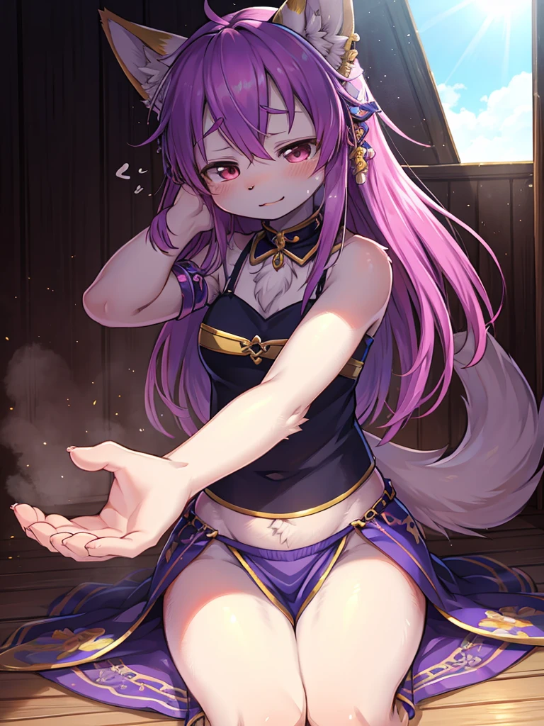 Perfect lighting,(best quality),(masterpiece),(Super detailed),(Six fox tails),Sharp focus,whole body,6 tails, Six tails,Six tails狐, hairy, Six tails, Six tails紫狐, Beast, Shota,juvenile,Purple,Purple Tail,Lilac body,Purple hair,Correct structure,Sexual desire boy,male,blush,slim,demon,Loincloth,Wronged,femboy,furry,femboy,Feminization,Long hair