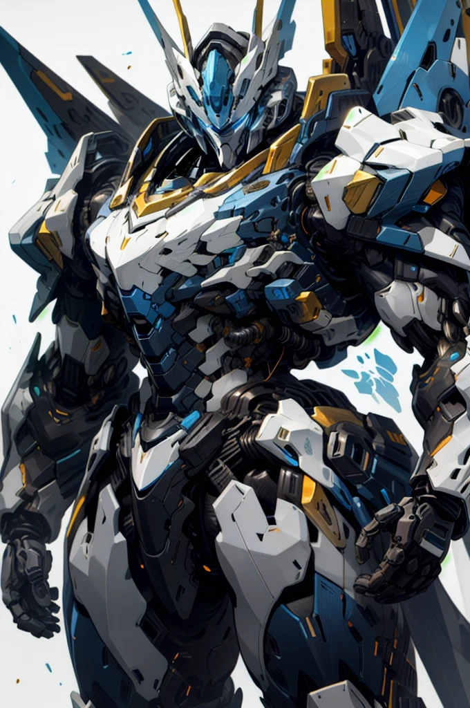 [(WHITE BACKGROUND:1.5)], nijimecha,Blue mech standing,mech with heavy armor,thick limbs,energy core,power armor,full armor,best quality,masterpiece,no human being,v-fin,bule theme