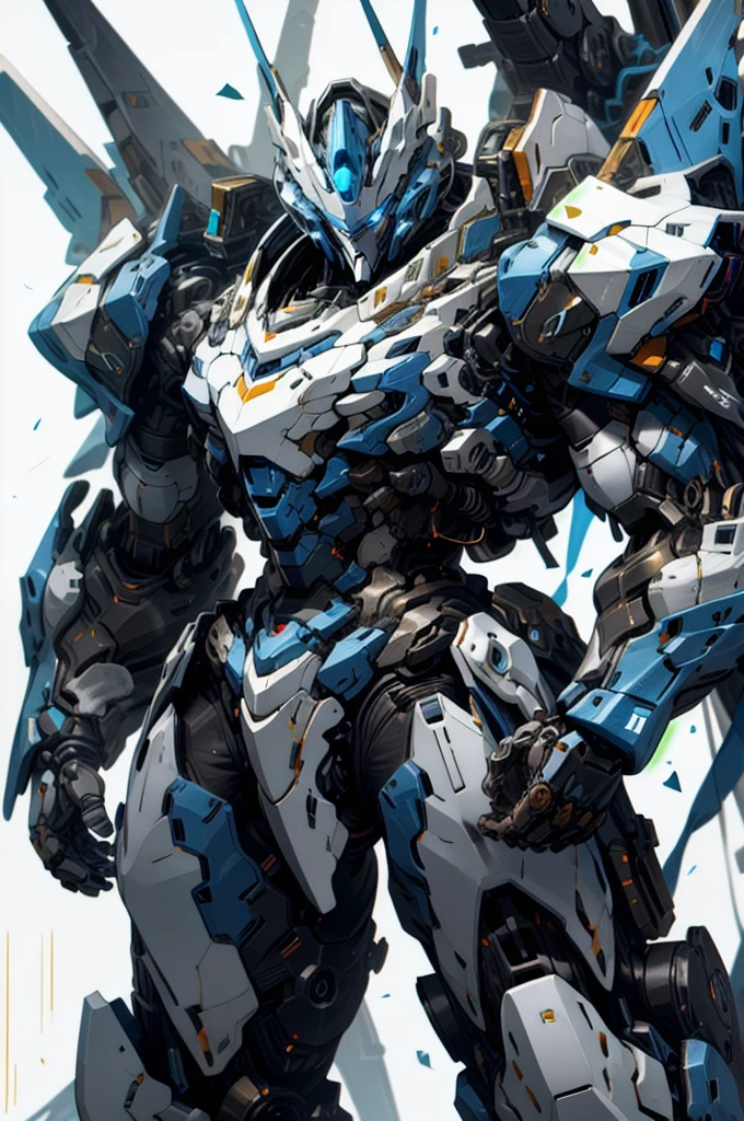 [(WHITE BACKGROUND:1.5)], nijimecha,Blue mech standing,mech with heavy armor,thick limbs,energy core,power armor,full armor,best quality,masterpiece,no human being,v-fin,bule theme