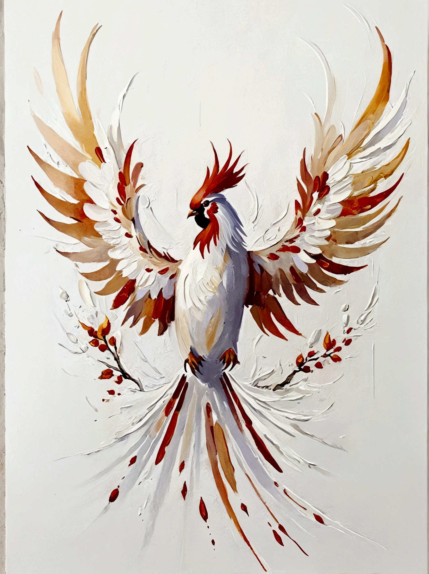 Phoenix，Chinese elements，color，Perfect proportion，symmetry，vanilla，bright，White background，real，emotion，Thick textured paint, 