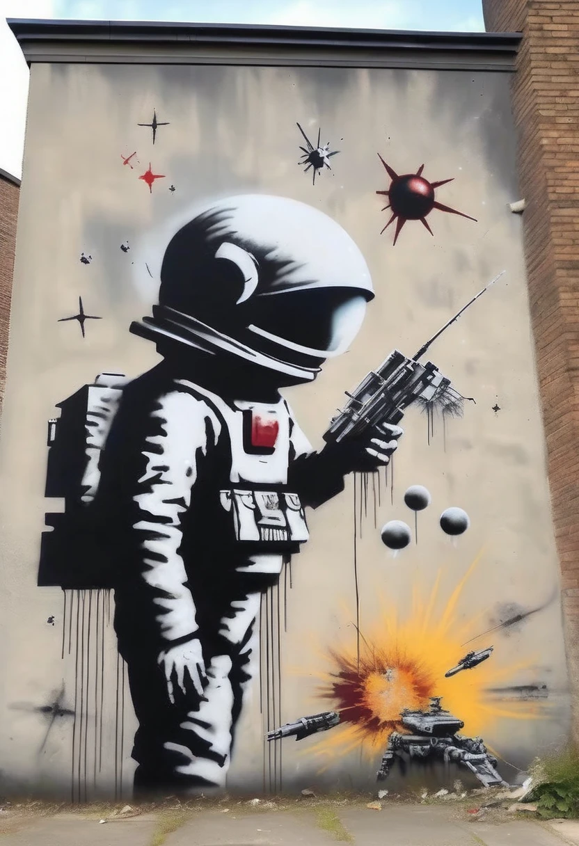 masterpiece, best quality, super detailed, Banksy style, Banksy-style mural criticizing space war