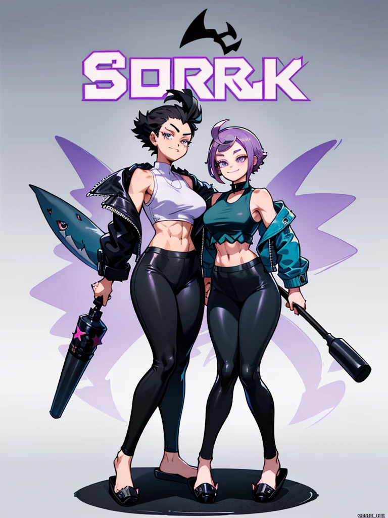 (((My Hero Academia Style))), (((Bibi))), (((Brawl Stars))), (((Wide hips))), (((wide thighs))), (((medium breasts))), (((blue spiked leather jacket))), (((blue leather jacket))), (( (leather jacket with spikes))), (((lilac top tank))), (((top tank))), (((Abs))), (((exposed abdomen))), (((marked abdomen))), (((tight leggings black))), (((tight leggings))), (((black leggings))), (((baseball bat))), (((Holding a baseball bat))), (((holding a bat))), (((shark smile))), (((lilac eyes))), (((evil smile))), (((traditional black slippers))), (((black slippers))), (((traditional slippers))), (((hair black))), (((pompadour hairstyle))), (((black hair pompadour hairstyle))), (((perfect anatomy))), (((perfect hands))), (((super detailed))), ( ((full body photo:1.5))), 