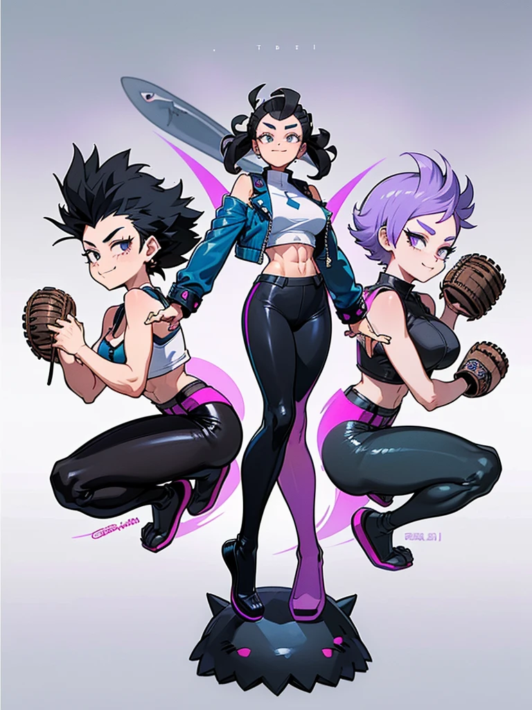 (((My Hero Academia Style))), (((Bibi))), (((Brawl Stars))), (((Wide hips))), (((wide thighs))), (((medium breasts))), (((blue spiked leather jacket))), (((blue leather jacket))), (( (leather jacket with spikes))), (((lilac top tank))), (((top tank))), (((Abs))), (((exposed abdomen))), (((marked abdomen))), (((tight leggings black))), (((tight leggings))), (((black leggings))), (((baseball bat))), (((Holding a baseball bat))), (((holding a bat))), (((shark smile))), (((lilac eyes))), (((evil smile))), (((traditional black slippers))), (((black slippers))), (((traditional slippers))), (((hair black))), (((pompadour hairstyle))), (((black hair pompadour hairstyle))), (((perfect anatomy))), (((perfect hands))), (((super detailed))), ( ((full body photo:1.5))), 