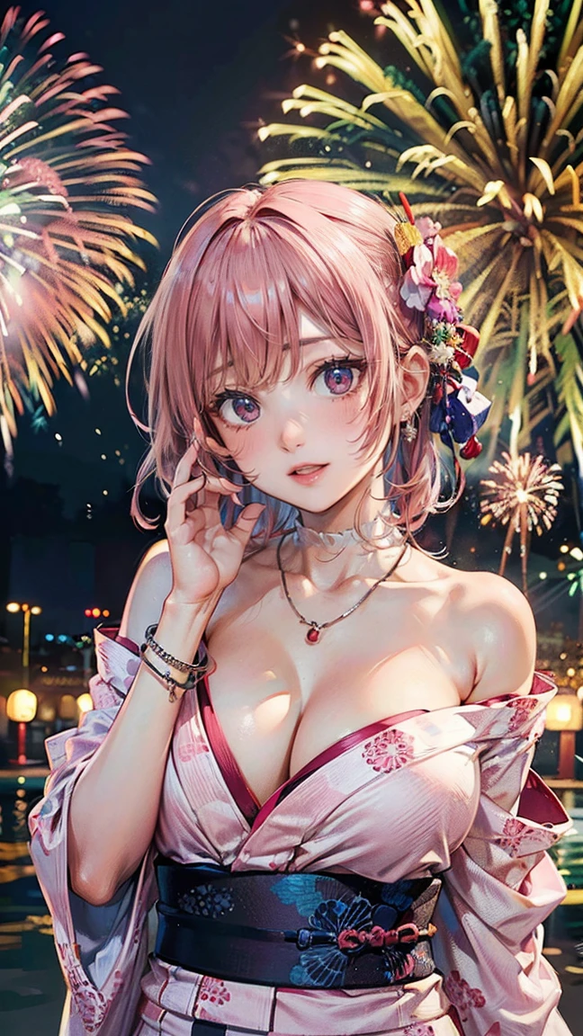 (Masterpiece, BestQuality:1.3), (ultra detailed:1.2), (hyperrealistic:1.3), (RAW photo:1.2), High detail RAW color photo, professional photograph, (Photorealistic:1.4), (realistic:1.4), (Pink Hair:1.5), professional lighting, perfect anatomy, (Big Breasts:1.2), (blush, detailed face), (A happy smile:1.7), Trending Hair&Trending Hairカラーをランダムに, earrings, necklace, bracelet, sexly, erotic sexly, Random sexy gravure poses, (Woman in yukata、The background is a fireworks display、Adorable smile、Upstyle、Shoulder-baring pose:1.3)