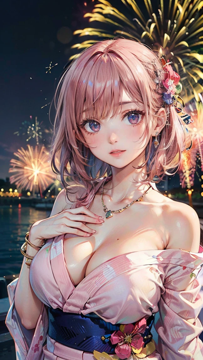 (Masterpiece, BestQuality:1.3), (ultra detailed:1.2), (hyperrealistic:1.3), (RAW photo:1.2), High detail RAW color photo, professional photograph, (Photorealistic:1.4), (realistic:1.4), (Pink Hair:1.5), professional lighting, perfect anatomy, (Big Breasts:1.2), (blush, detailed face), (A happy smile:1.7), Trending Hair&Trending Hairカラーをランダムに, earrings, necklace, bracelet, sexly, erotic sexly, Random sexy gravure poses, (Woman in yukata、The background is a fireworks display、Adorable smile、Upstyle、Shoulder-baring pose:1.3)