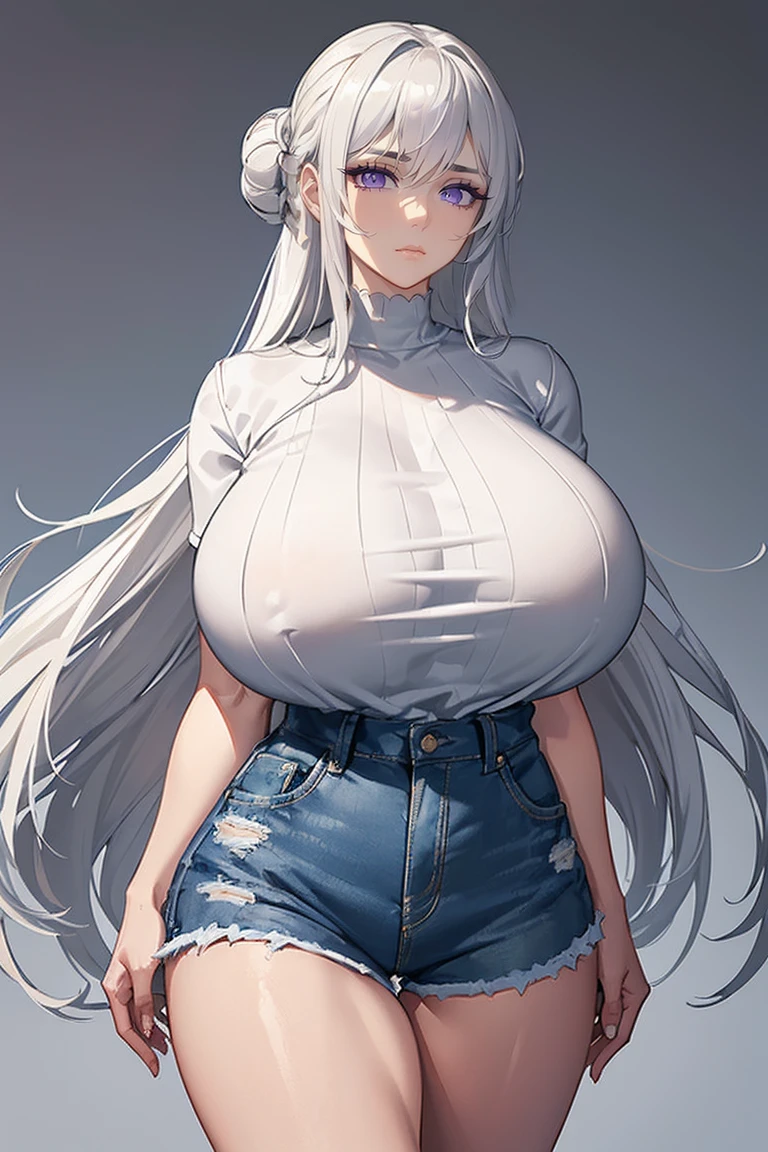 (Uhd, Masterpiece, Textured Skin, Super Detail, High Details, High Quality, Best Quality), Detailed Face, 1woman, mature pretty woman, (Huge Body:1.5), (Silver hair tied in a bun, long hair), (Short black top shirt, Denim shorts), standing, six pack