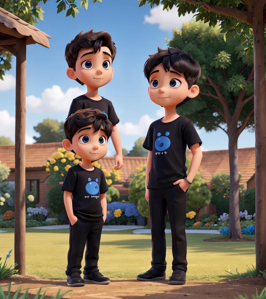 Two young boys black T-shirt and second blue shirt stand in garden