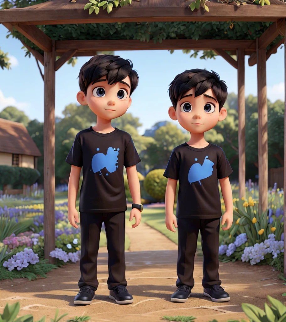 Two young boys black T-shirt and second blue shirt stand in garden
