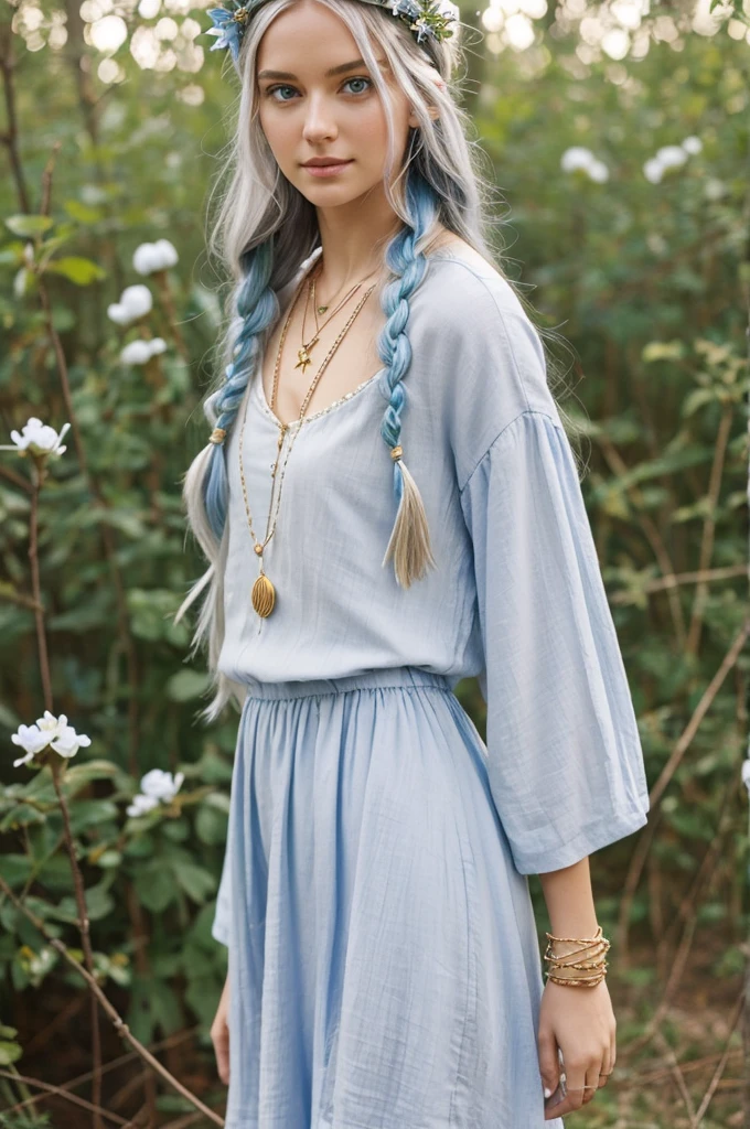 For the: Silver like the moon, long and wavy, with locks that shine like shooting stars.
Eyes: deep blue, like the night sky, with golden flecks that shine like stars.
fur: White and pale, like the moonlight.
outfit: Simple and comfortable clothing, made from natural materials such as cotton and linen. The predominant colors should be white, the blue and the green.
accessories: A necklace with a small star-shaped pendant, a wildflower headband or a braided bracelet with herbs.