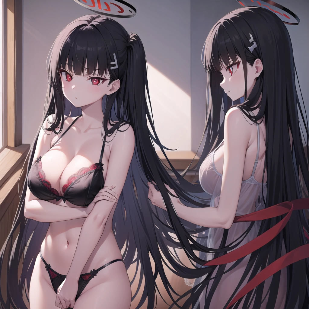 riotsukatsuki, rio, black hair, (red eyes:1.5), hair ornament, hairclip, halo, long hair,
、Extremely large breasts(4700)、Purple see-through lingerie