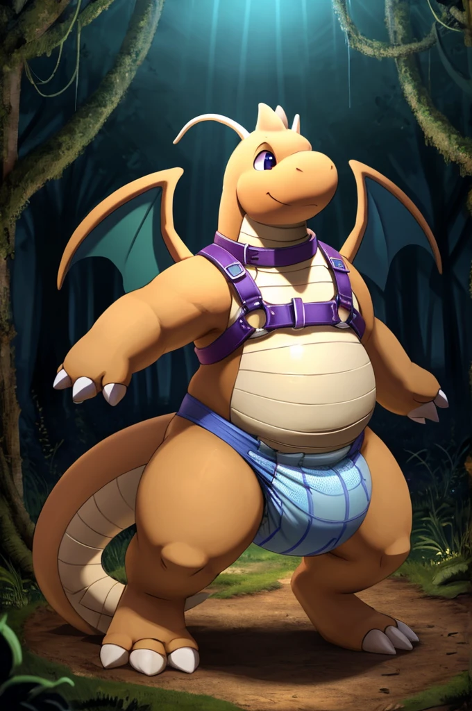 A dark purple obese femboy Dragonite wearing a full body harness and a blue colored diaper with urine and white socks being soaked and a black collar on his neck and with bracelets on his arms in a magical forest in complete darkness inside a bright room swamp while sexually dancing in front of the public 