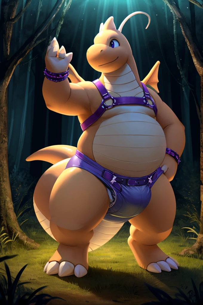 A dark purple obese femboy Dragonite wearing a full body harness and a blue colored diaper with urine and white socks being soaked and a black collar on his neck and with bracelets on his arms in a magical forest in complete darkness inside a bright room swamp while sexually dancing in front of the public 