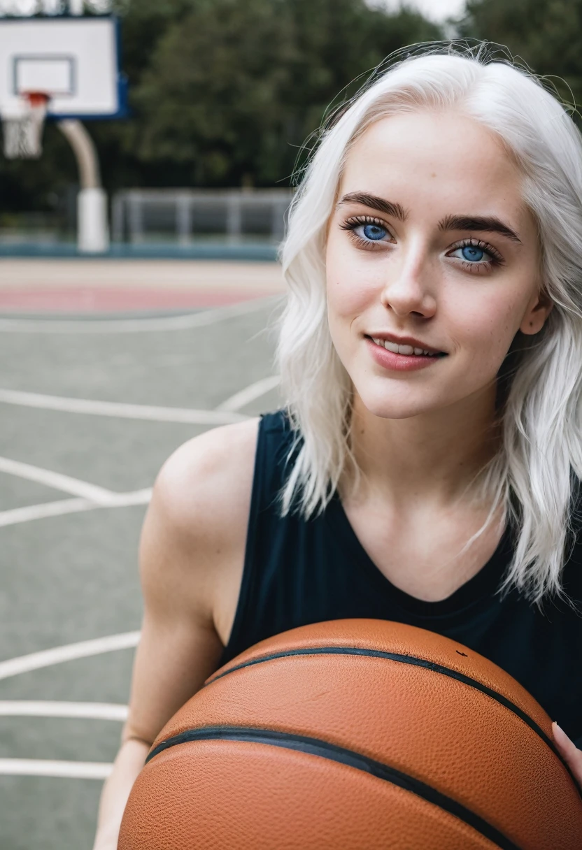 26 year old woman white hair blue eyes and white skin playing basketball