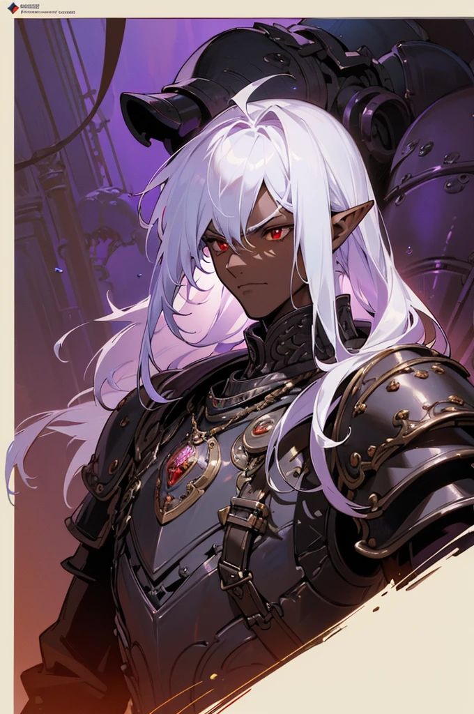 masterpiece, best quality, ultra high res, dark theme, 1boy, (dungeonpunk armor), (mechanical steampunk armor), (wearing armor), fantasy illustration, dark skinned, human, upper body, portrait, red eyes, long white hair, half-drow, pointy ears, serious face, young man, dramatic lighting, purple hue, art by Kinema Citrus