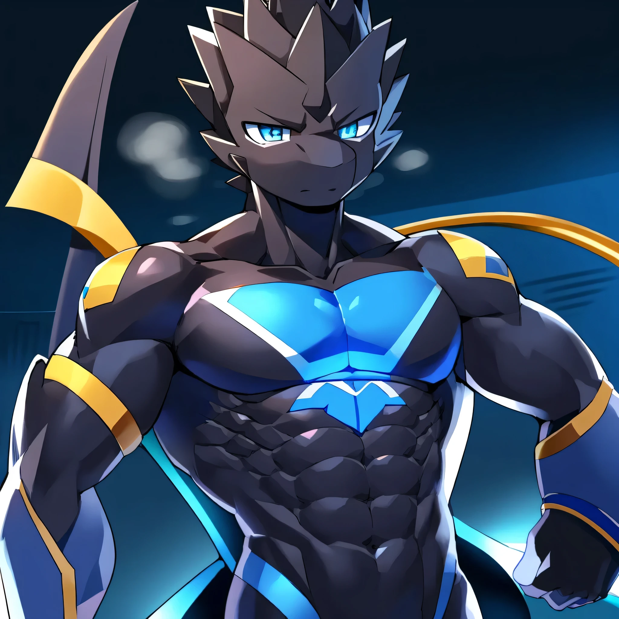 Thin macho　western black dragon　　abs　　　　　Hollow abs　　body suit　　thick arms　　　chest rig　　　、sweaty　　　skin glow　　profile　　Wearily　short of breath　　  　Chemo shota　　
have a 　blue eyes　Tired look 　ラバースーツ