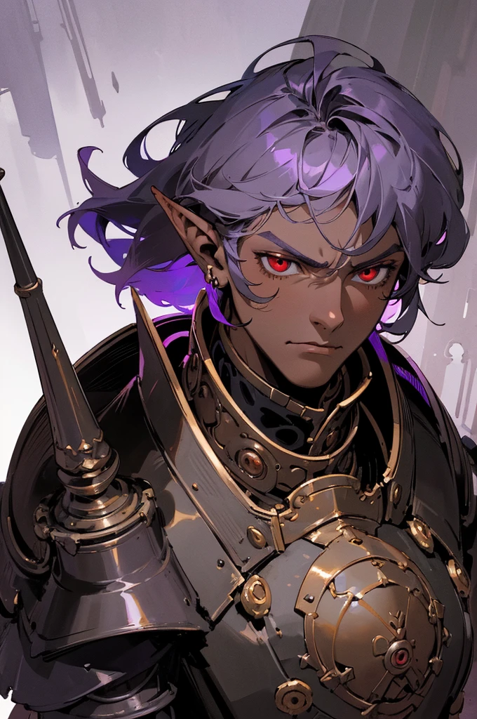 masterpiece, best quality, ultra high res, dark theme, 1boy, (dungeonpunk armor), (mechanical steampunk armor), (wearing armor), fantasy illustration, dark skinned, human, upper body, portrait, red eyes, long white hair, half-drow, pointy ears, serious face, young man, dramatic lighting, purple hue, art by Kinema Citrus