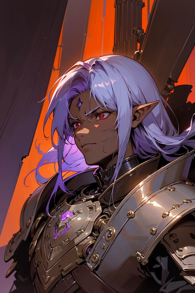 masterpiece, best quality, ultra high res, dark theme, 1boy, (dungeonpunk armor), (mechanical steampunk armor), (wearing armor), fantasy illustration, dark skinned, human, upper body, portrait, red eyes, long white hair, half-drow, pointy ears, serious face, young man, dramatic lighting, purple hue, art by Kinema Citrus