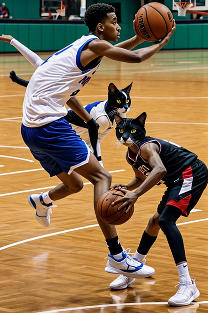 Tricolor cat playing basketball